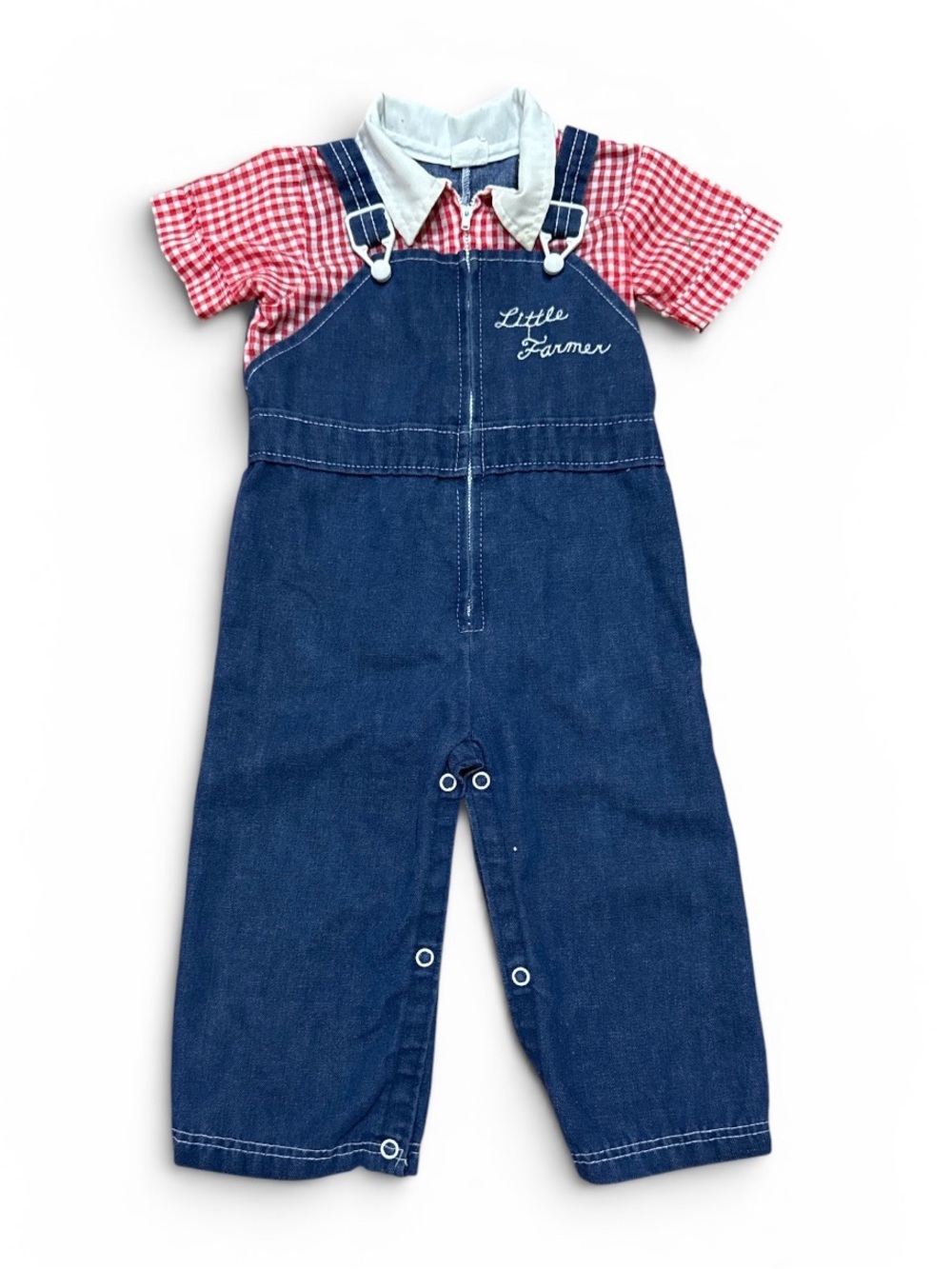 Vintage 80s Little Farmer Romper One Piece Toddler Boys Red Blue